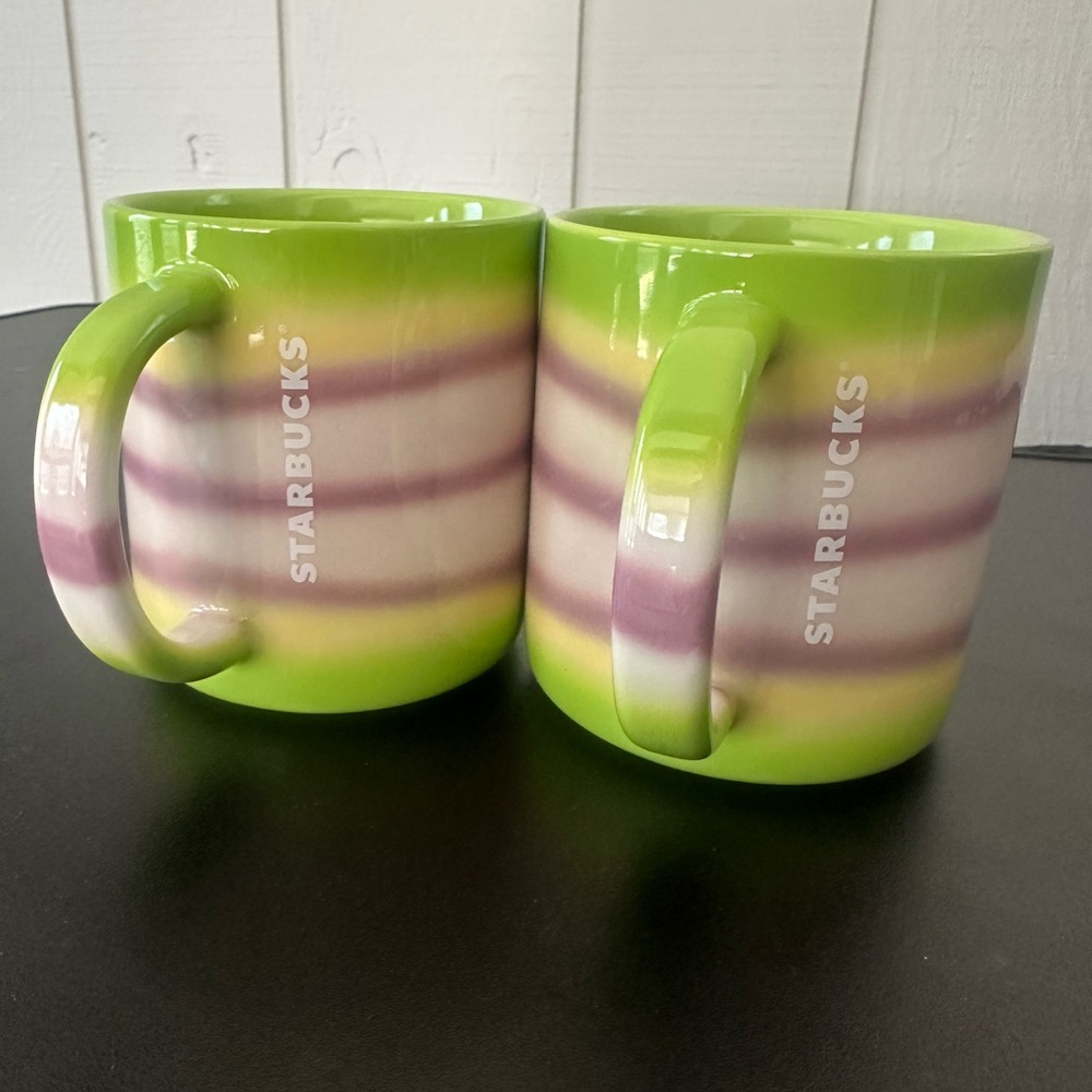 Starbucks Lime Green and Lavender Striped Ceramic Mug Duo